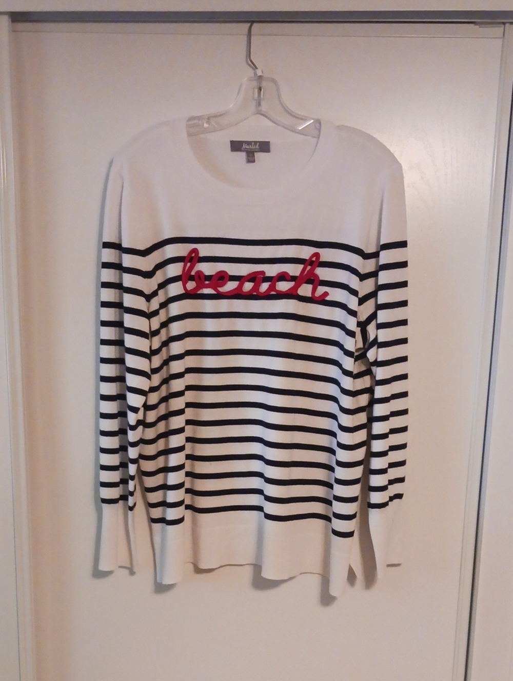 Marled White & Black Striped 'beach' Embroidered Long-Sleeve Top